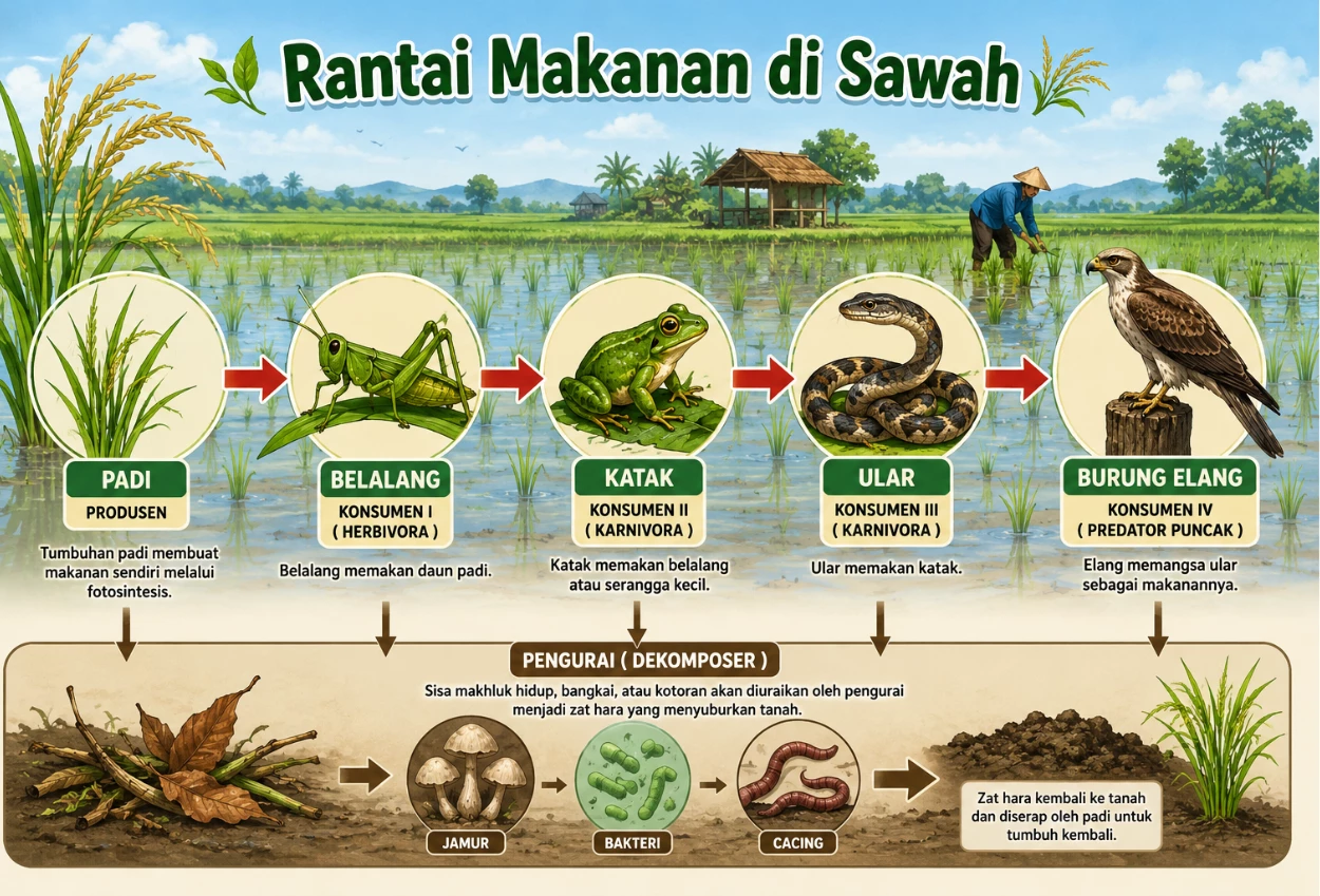 Rantai Makanan di Sawah, Beserta Penjelasan dan Gambarnya