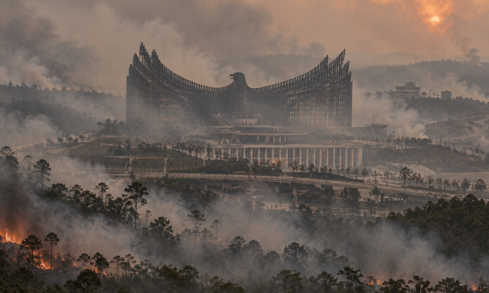 Ilustrasi Gedung Garuda di IKN tertutup kabut asap Karhutla