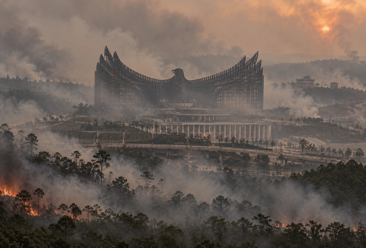 Ilustrasi Gedung Garuda di IKN tertutup kabut asap Karhutla